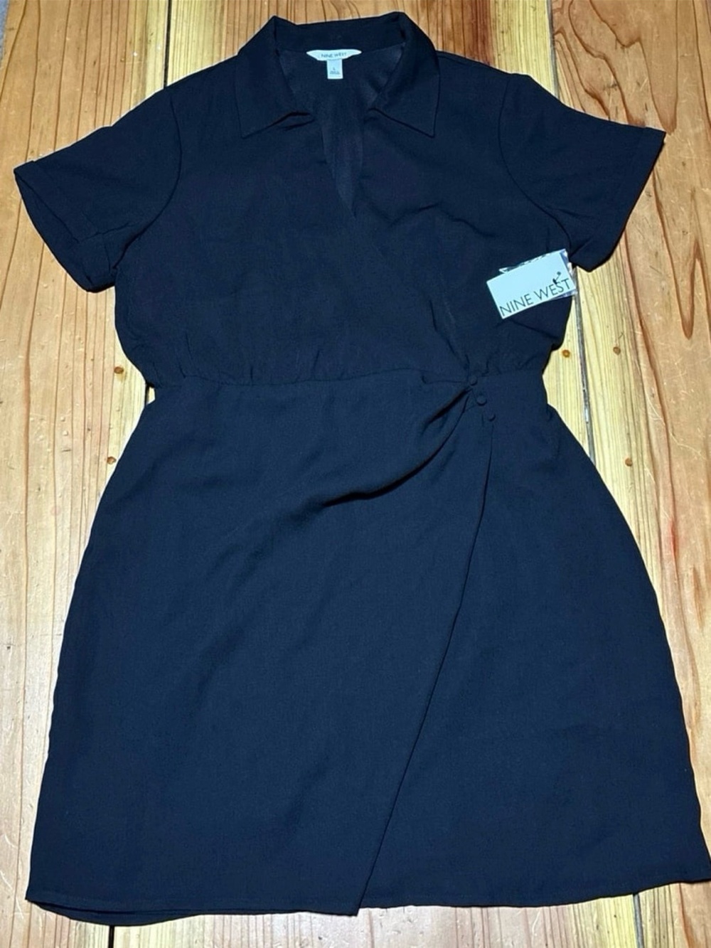 Nine West Black Short Sleeve Collared Wrap-Detail Mini Dress